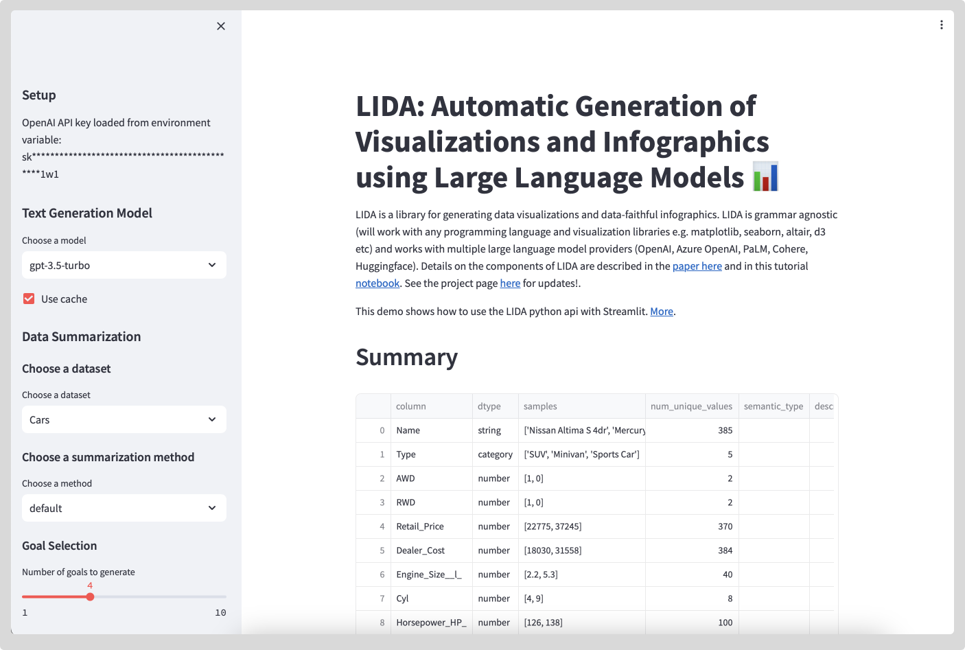 LIDA Streamlit Application