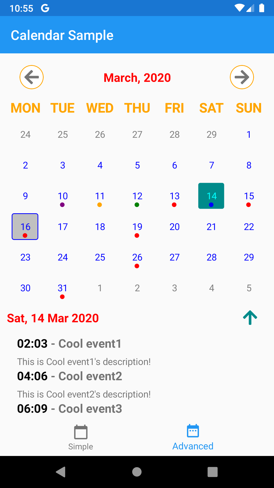 Android Custom Calendar Screenshot