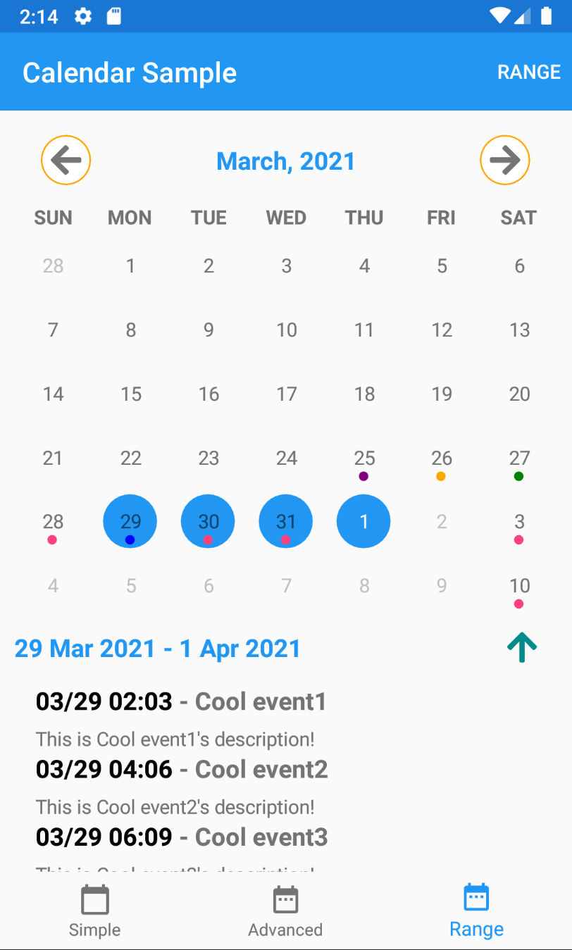 Android Custom Calendar Screenshot