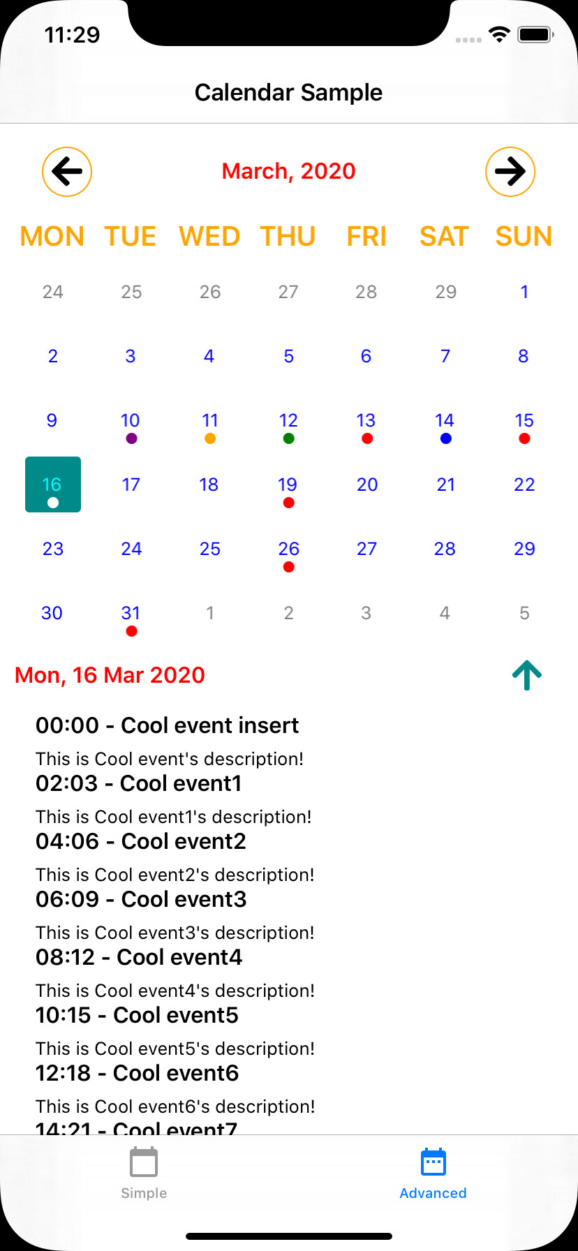 iPhone Custom Calendar Screenshot