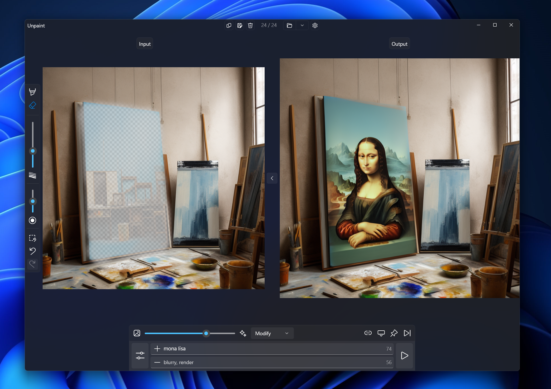 an image showing a windowed application where the left side shows a painter's workshop with a canvas selected, while the right side shows the same image, but with the selected canvas replaced with a variation of Mona Lisa