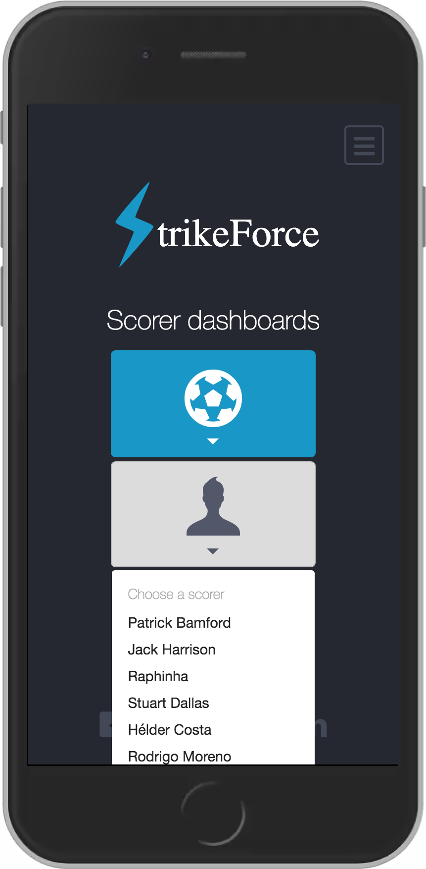 StrikeForce Dashboards page Scorers second dropdown menu