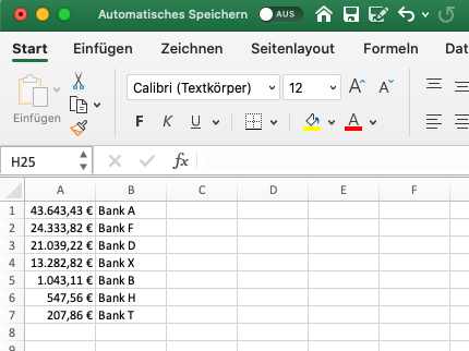 Excel file with sums by bank account