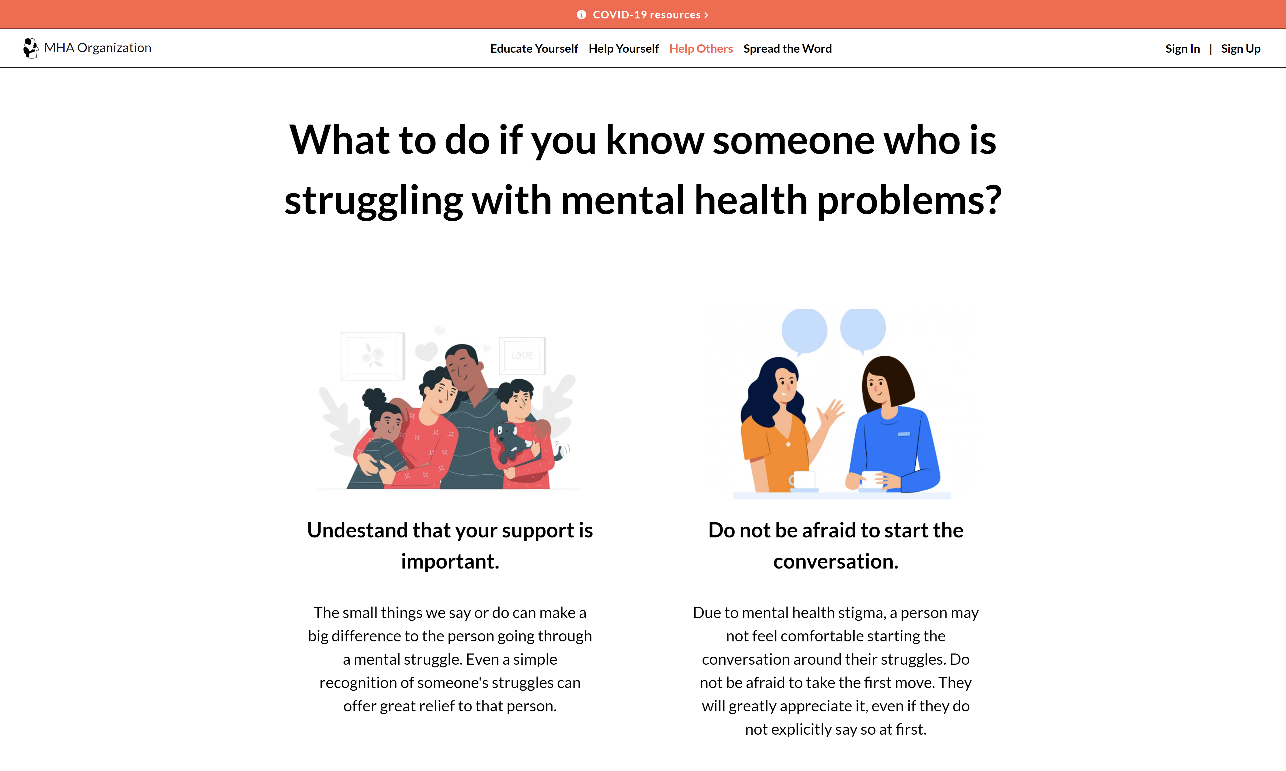 Image showing the first part of the 'Acquaintance Struggling' section of the 'Help Others' page
