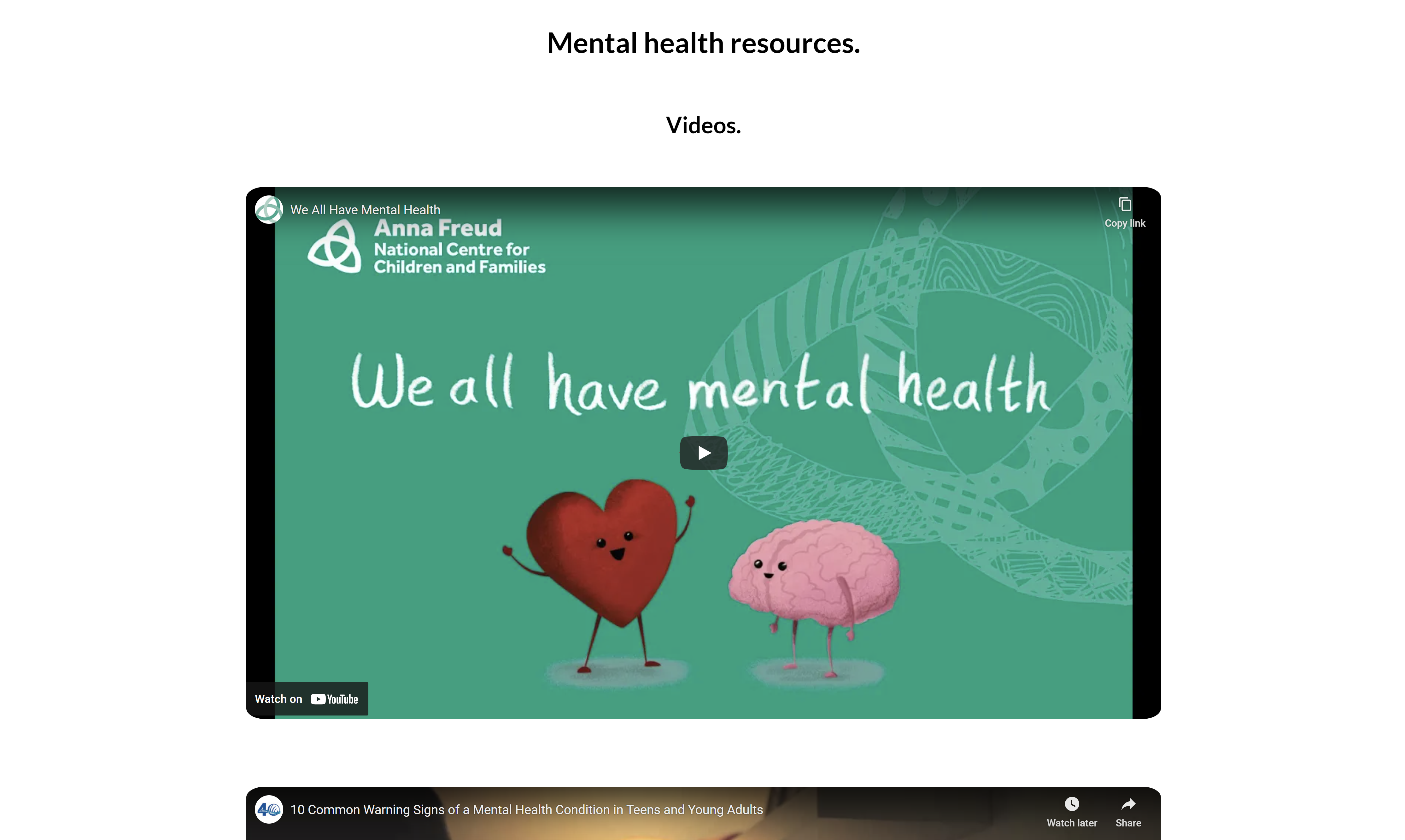 Image showing the first part of the 'Videos' subsection of the 'Resources' section of the 'Help Yourself' page