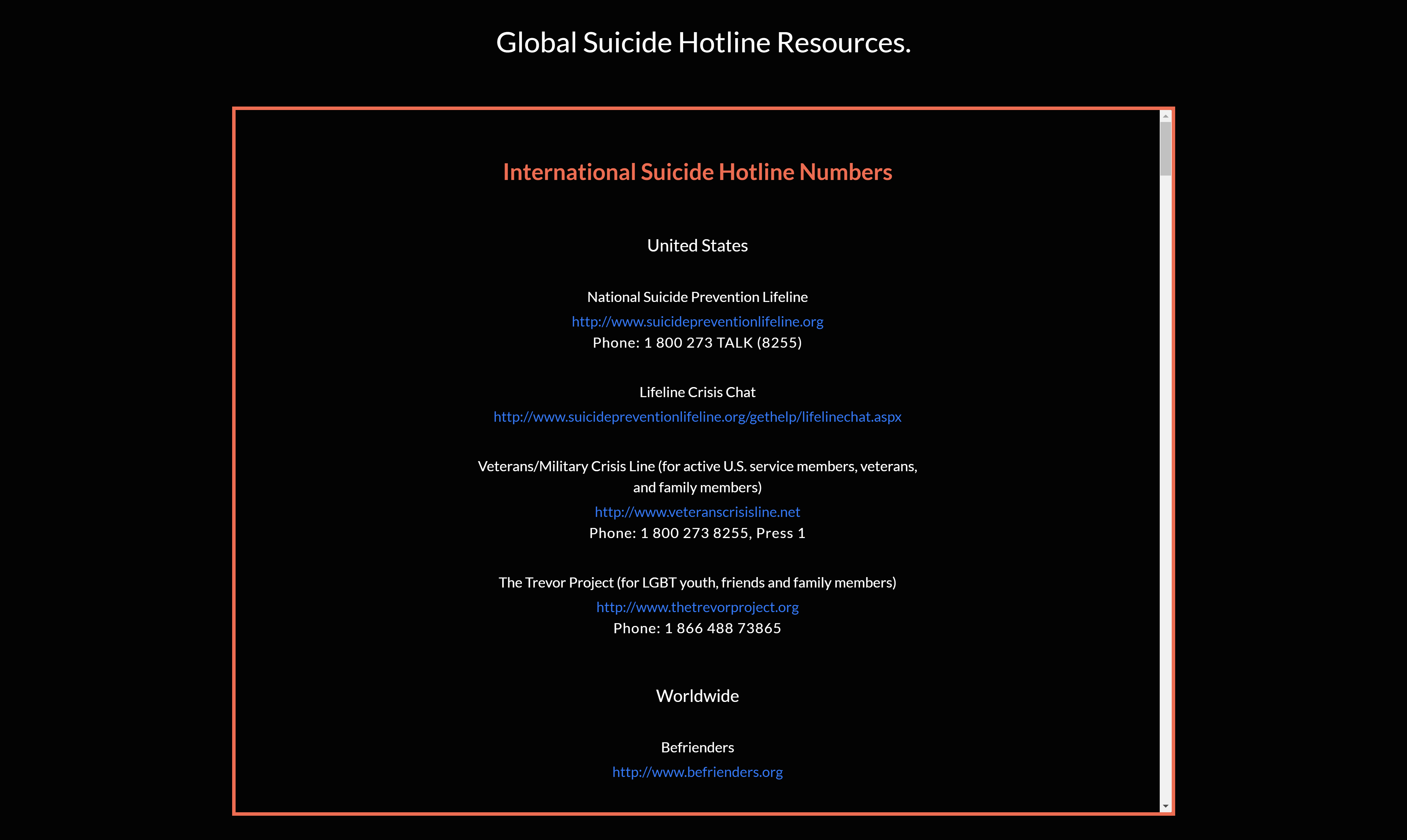 Image showing the 'Suicide Hotlines' section of the 'Help Yourself' page