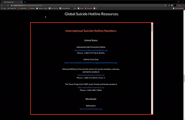 Gif showing the use of the scrollable div element inside of the 'Suicide Hotlines' section