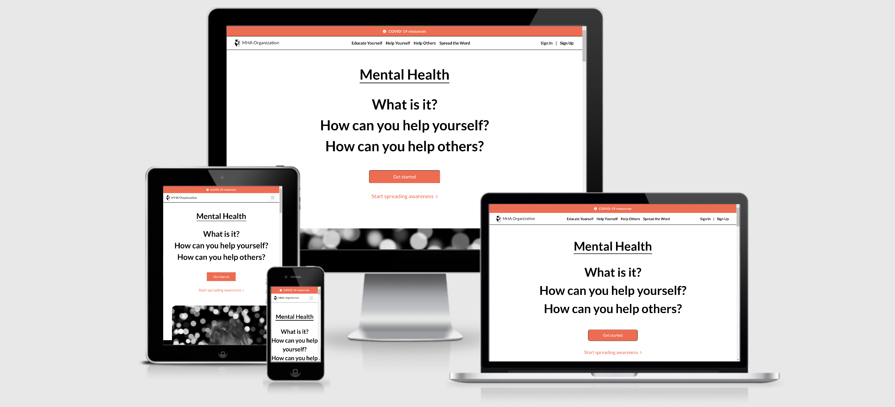 The look of the Mental Health Organization Website on different devices showcasing its responsiveness