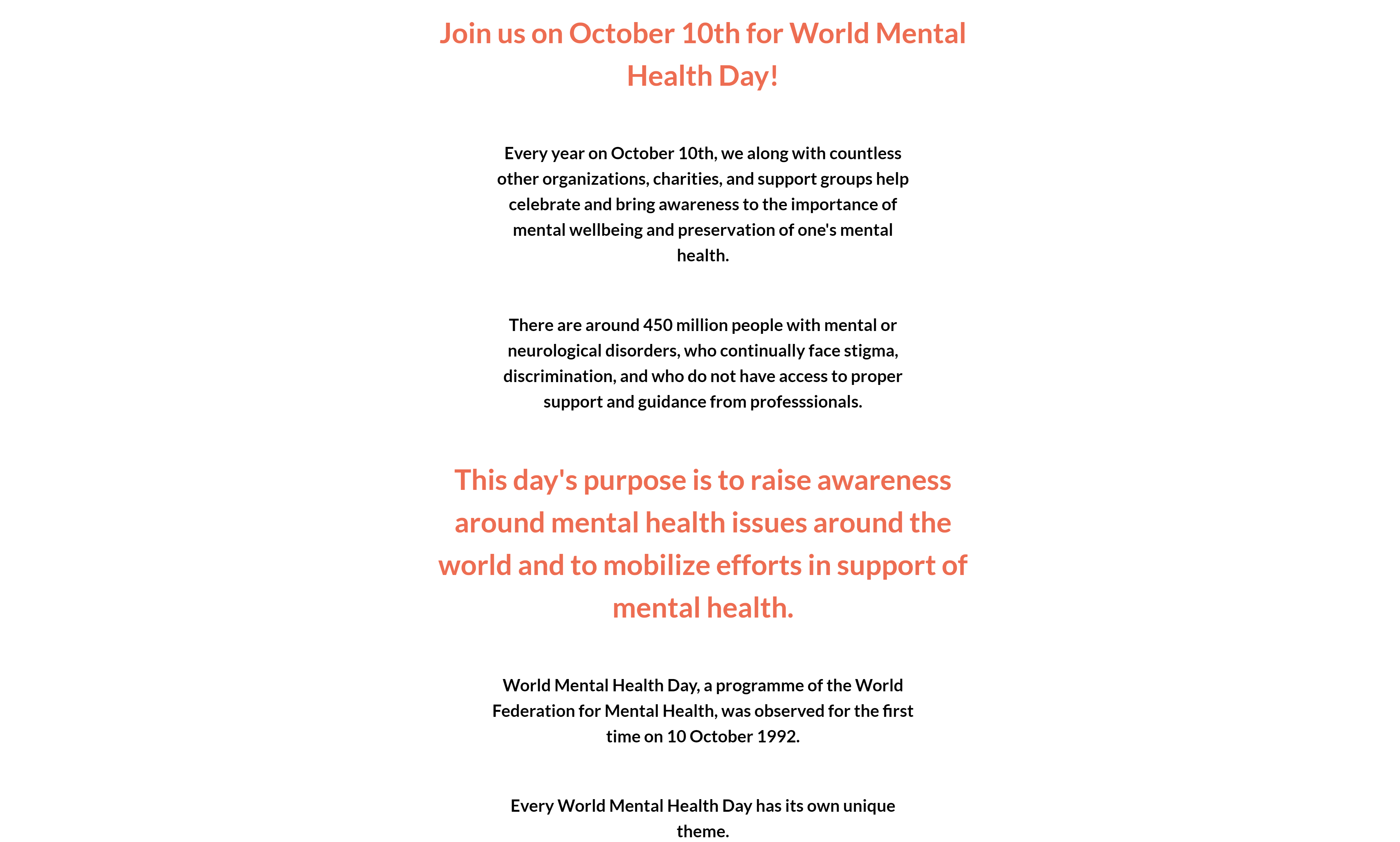 Image showing the first part of the 'World Mental Health Day' section of the 'Spread the Word' page