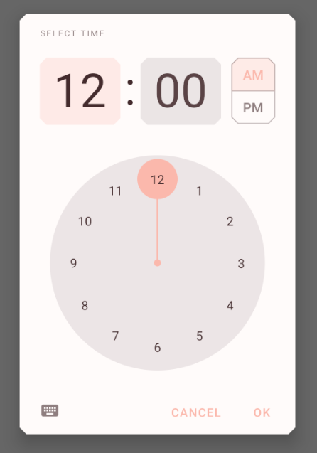 "Time Picker pink interactive display, grey background, and brown icons and text."