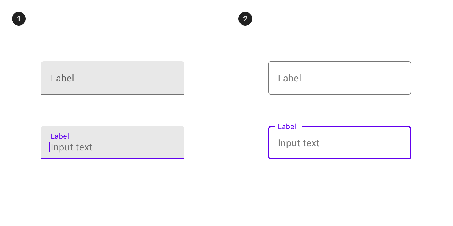 "Text field examples of both filled and outlined types, each type showing both inactive and focused states. The filled text fields show a gray background and a darker gray activation indicator that is purple when focused. The outlined text fields show a clear background and an outline that is purple when focused"