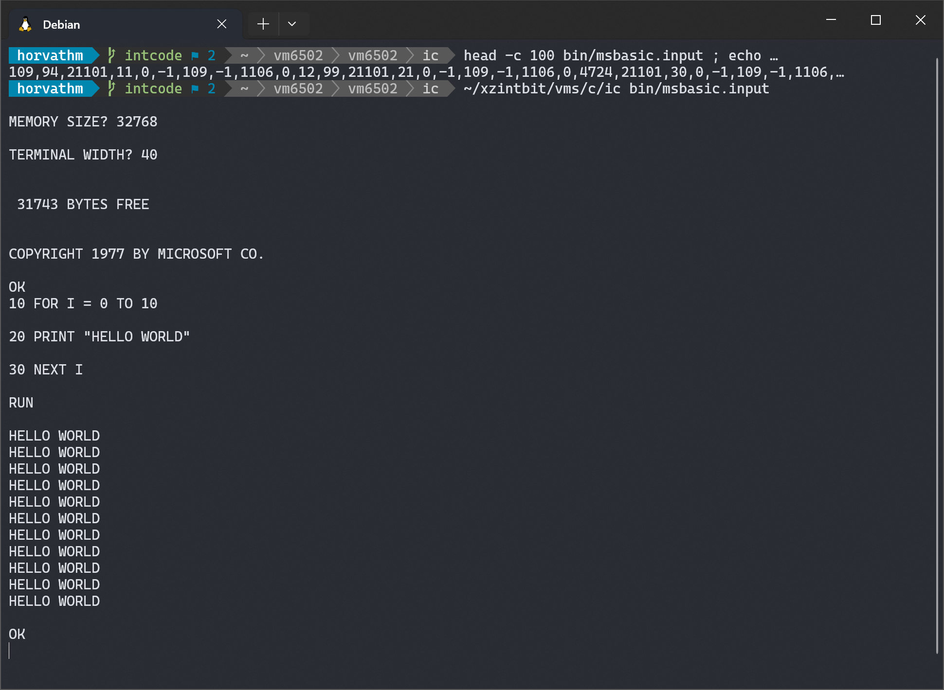 Screenshot of Intcode VM6502 running Microsoft Basic