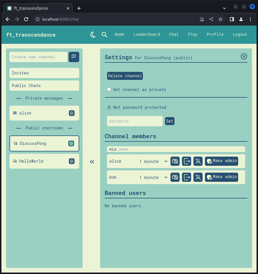 ft_transcendance chat room page with settings