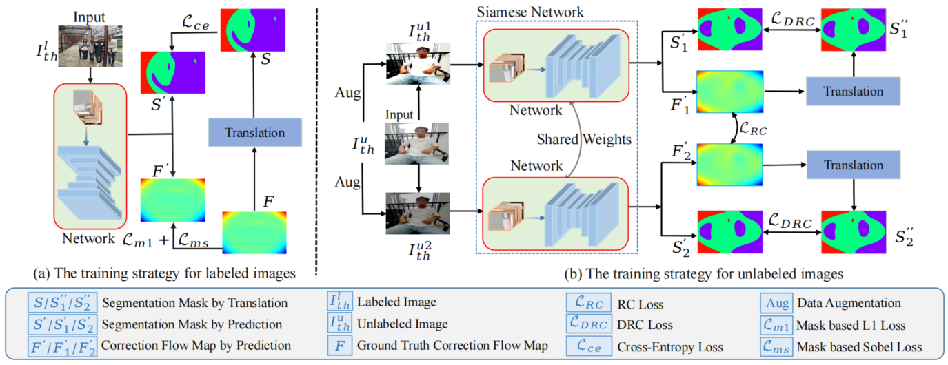 The pipline of semi-supervised wide-angle portraits correction framework with the surrogate task (segmentation)
