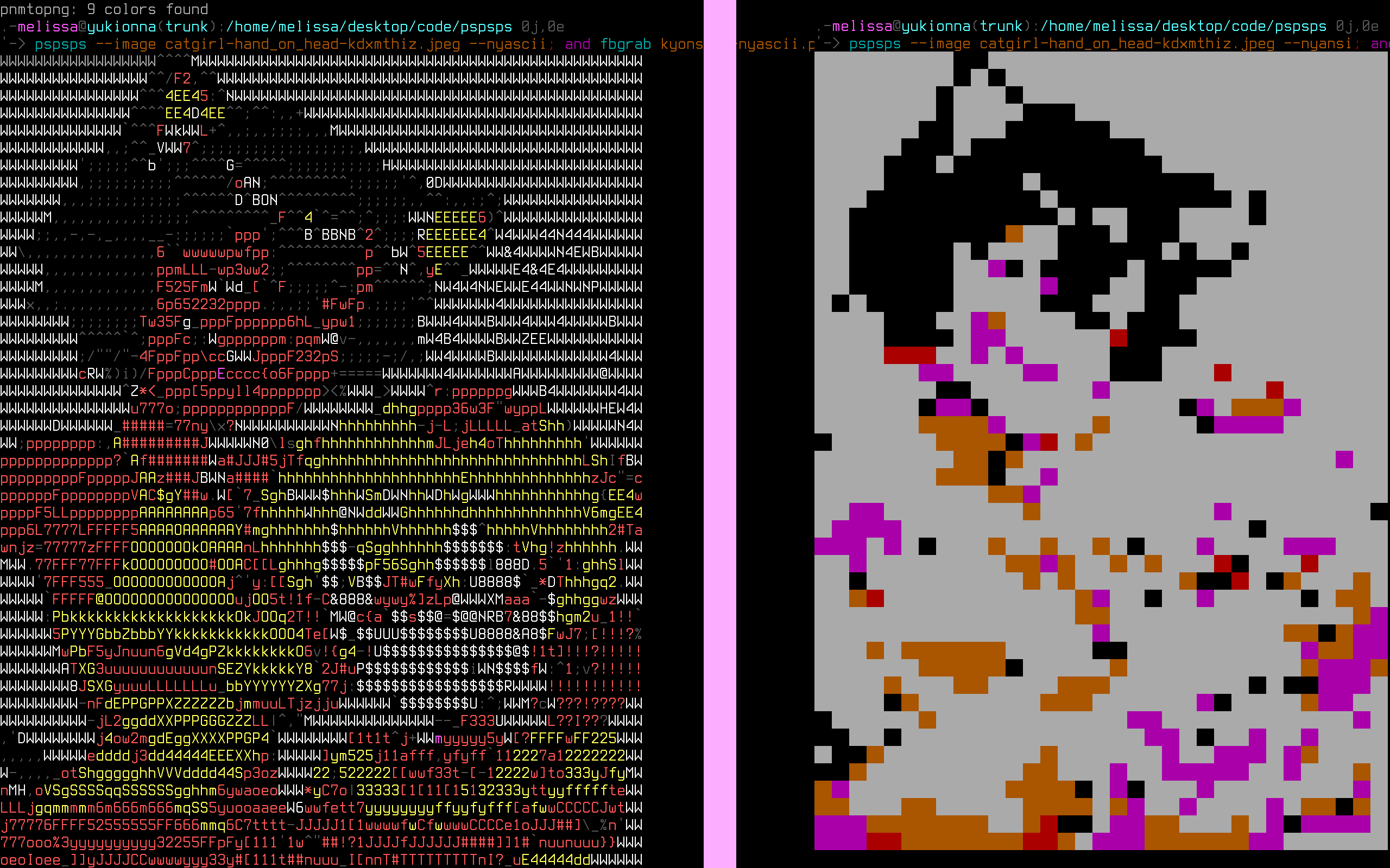 pspsps(1) is drawing catgirls in nyascii and nyansi, on the Linux console