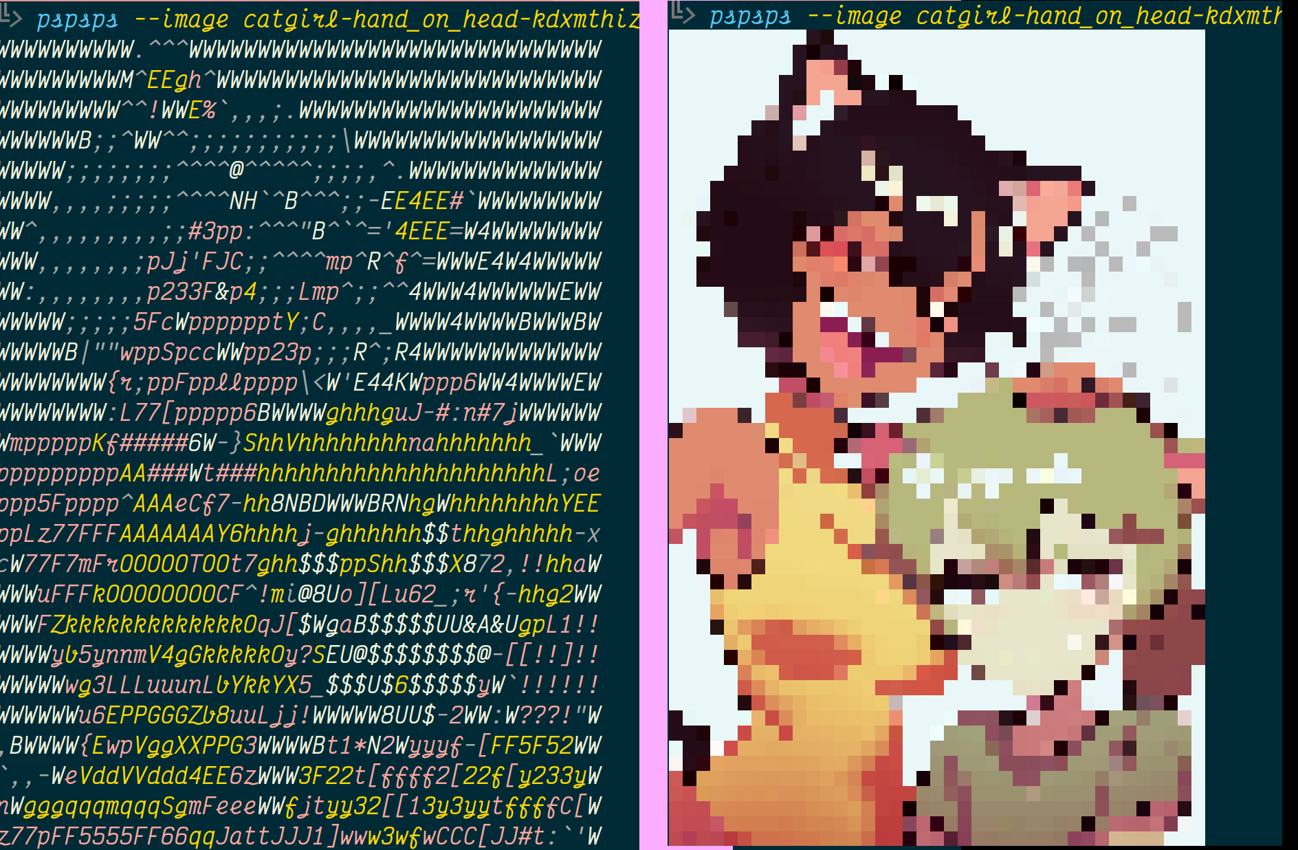 pspsps(1) is drawing catgirls in nyascii and nyansi, on the gnomes' terminals