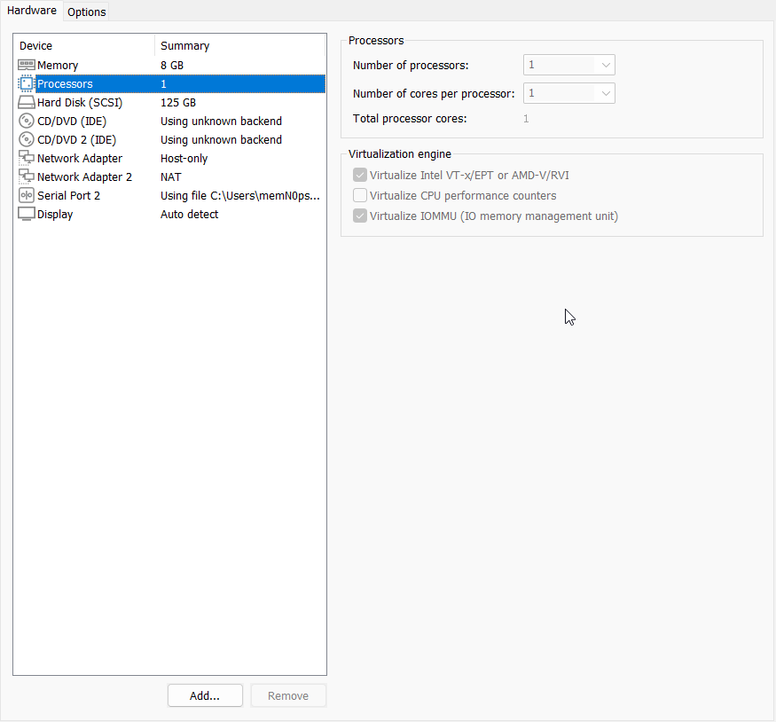 VMware Processors Settings