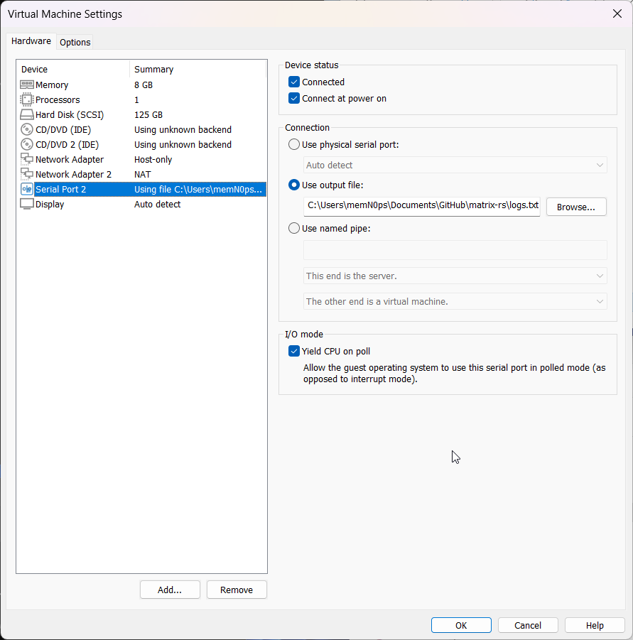 VMware Serial Port Settings