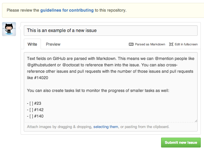 Escribiendo GitHub Flavored Markdown en un Issue