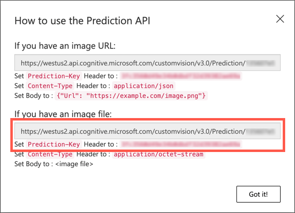 The prediction API dialog showing the URL and key