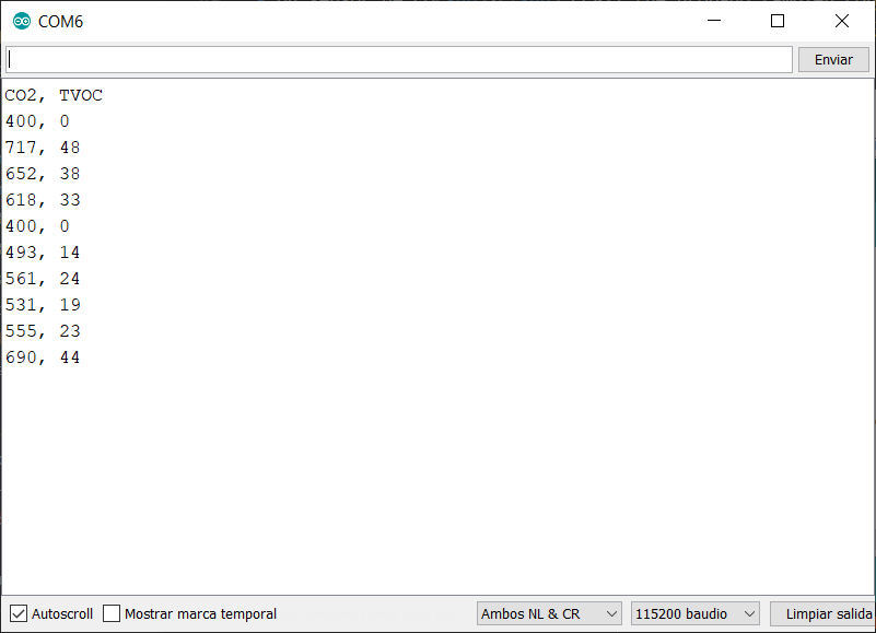Monitor serie del IDE de Arduino con los valores medidos del sensor