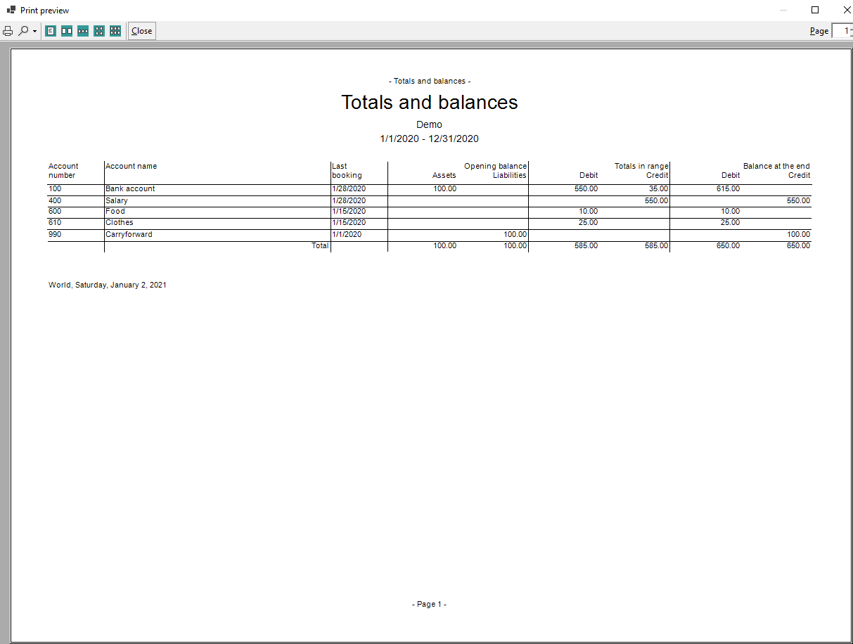 Totals and balances report