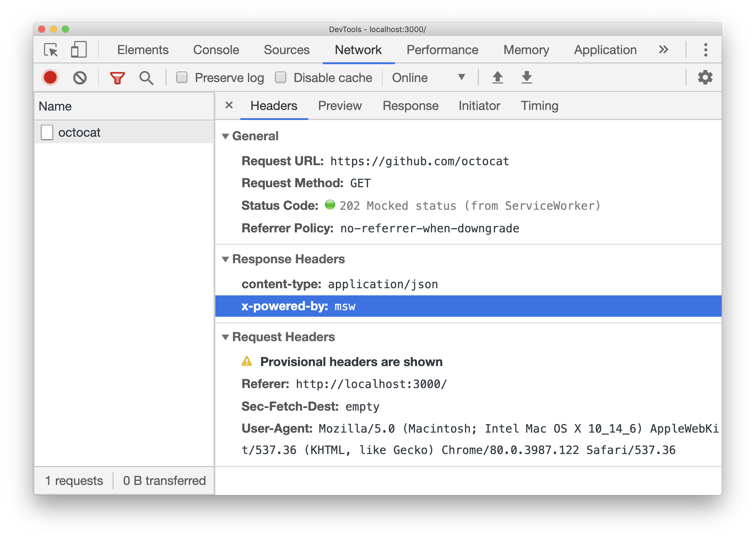 Chrome DevTools Network screenshot with the request mocked
