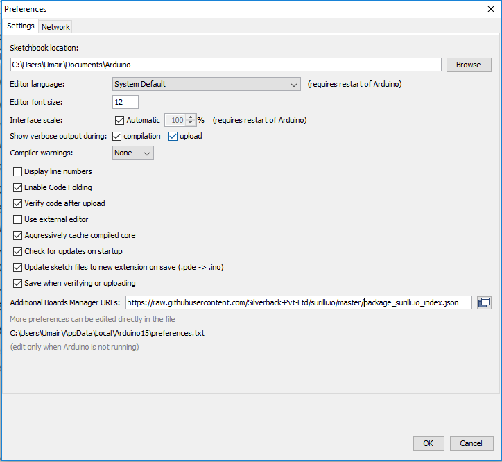 Location of Additional Boards Manager URL input field