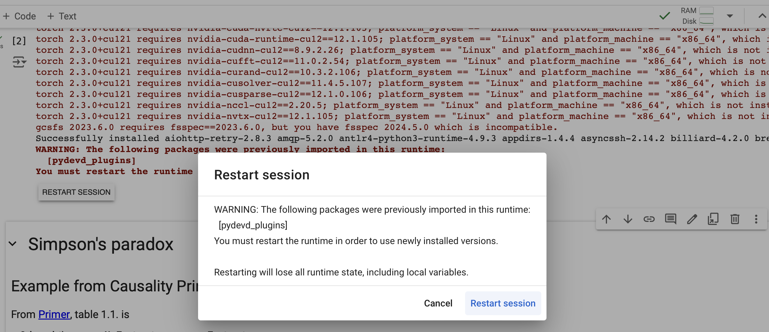 colab message to restart session for installation of custom dependencies