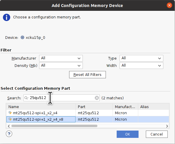 Select mt25qu512-spi-x1_x2_x4_x8