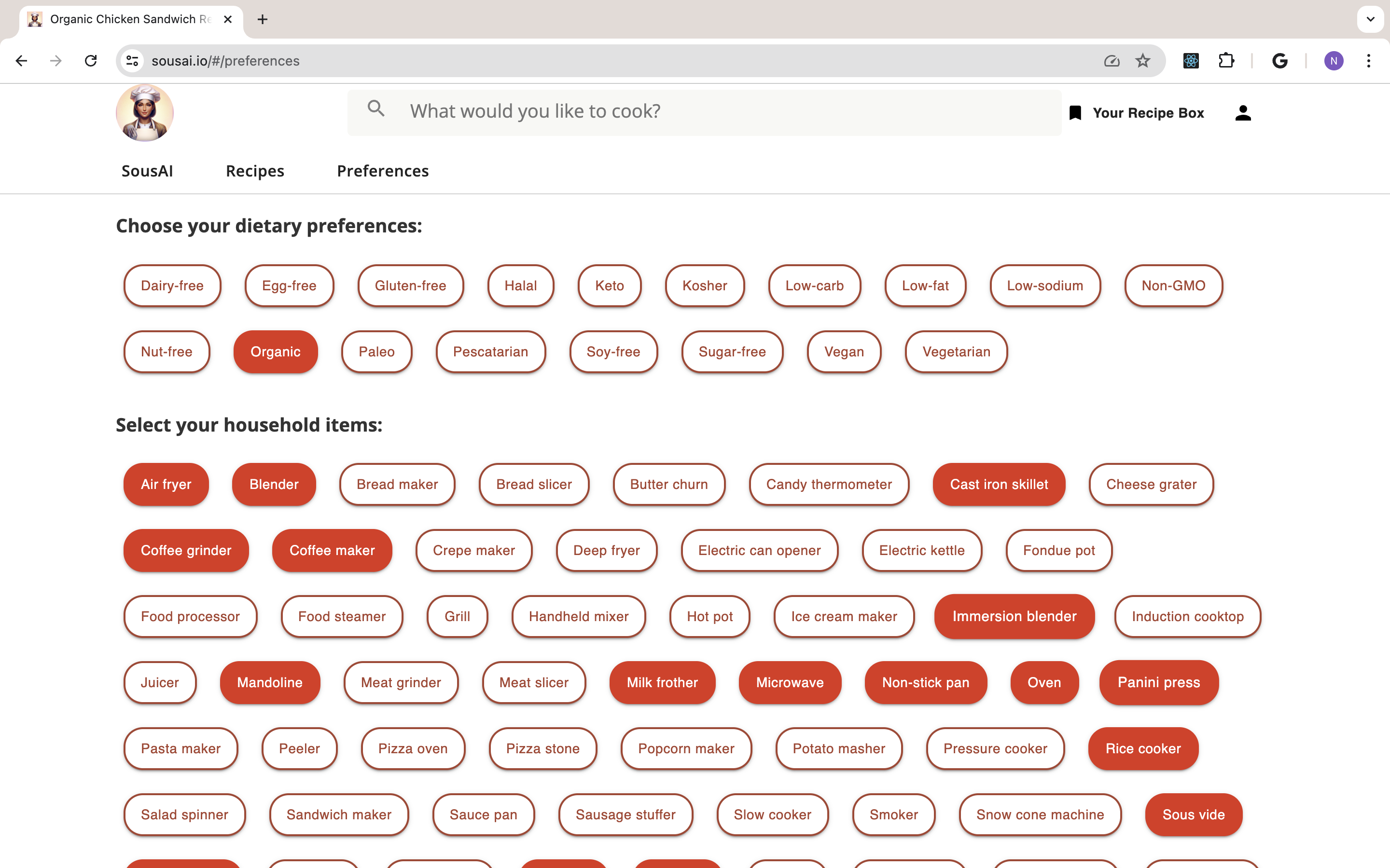 User dietary preferences and household items