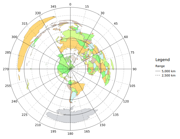 An equidistant azimuthal map of the world.