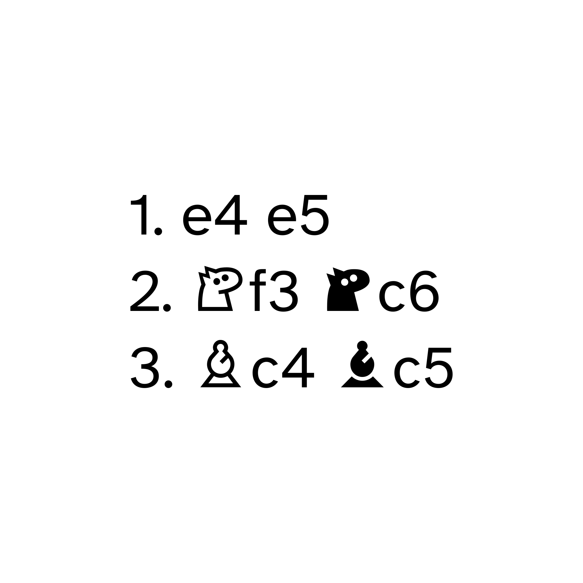 1. e4, e5, 2. Knight to f3, Knight to c6, 3. Bishop to c4, Bishop to c5