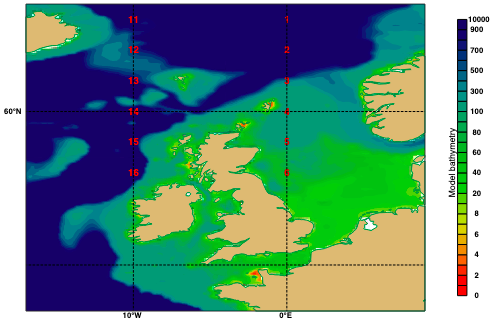 Map of bathymetry and locations where wave spectra are available