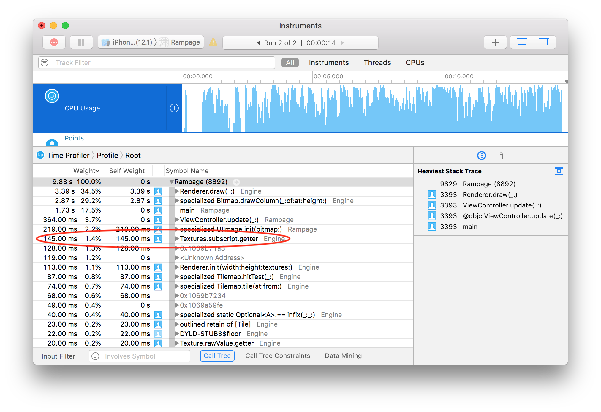 Time Profiler trace showing reduced texture lookup time