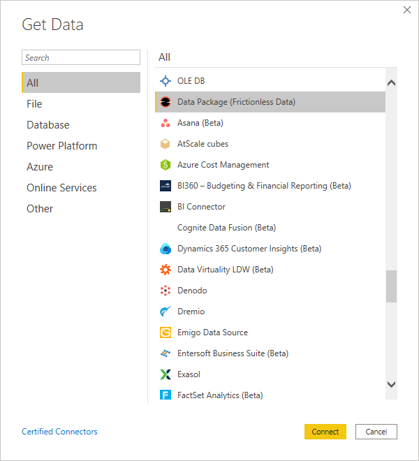 Microsoft Power BI UI: Get Data UI