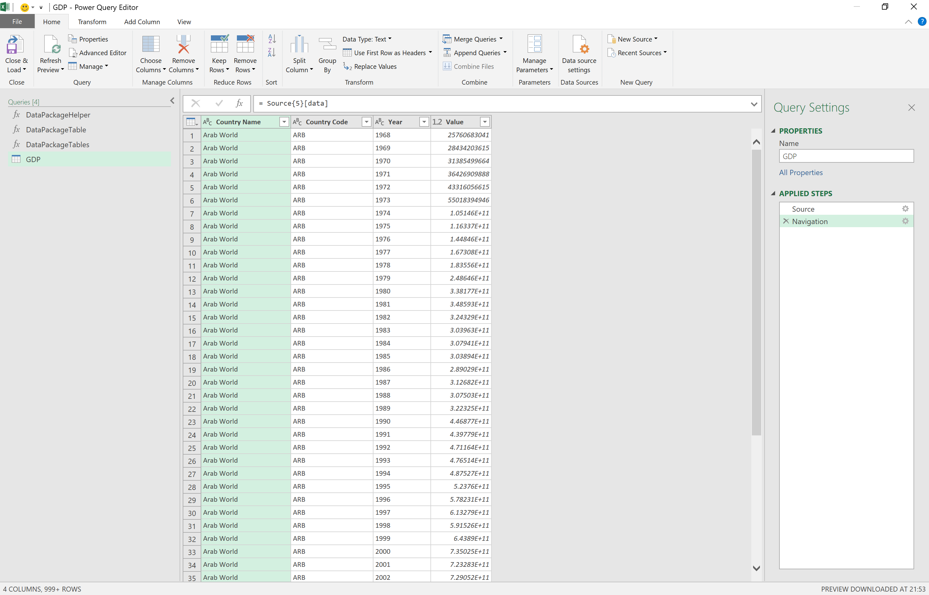 Microsoft Excel UI: GDP Tabular Data Package Resource Data