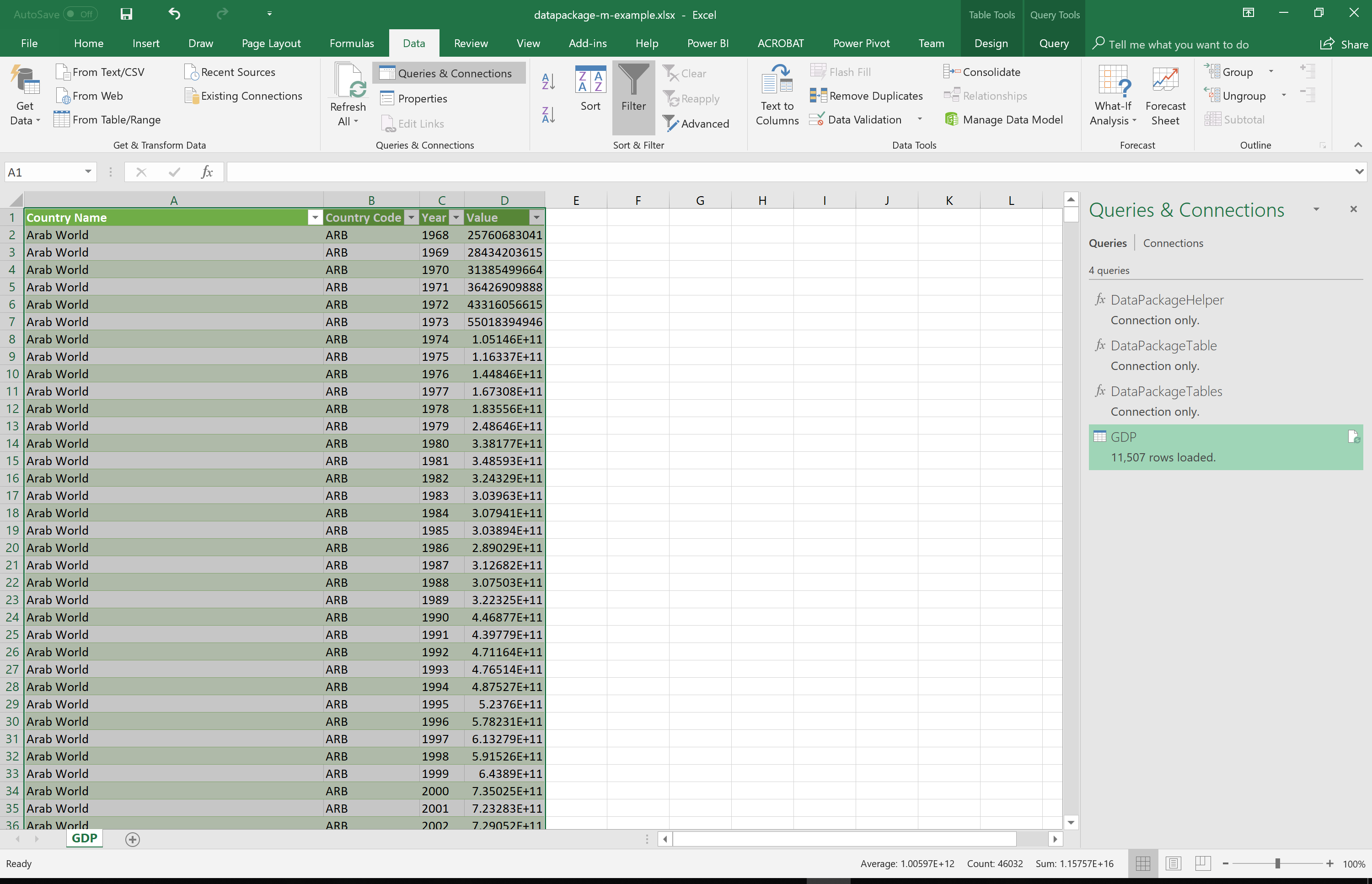 Microsoft Excel UI: GDP Tabular Data Package Worksheet