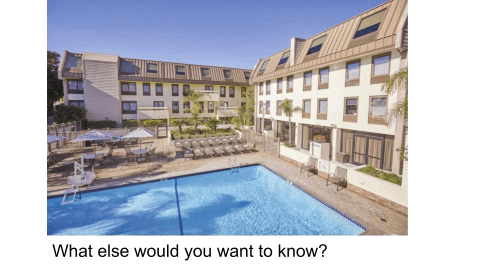 The GIF shows an image of a hotel, and the GIF alternates between the image itself and text reading: "Image Description: a hotel in the holiday inn at san diego." Underneath the image, there's text reading: "What else would you want to know?"