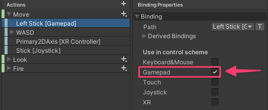 Input Actions Settings: Use in control scheme