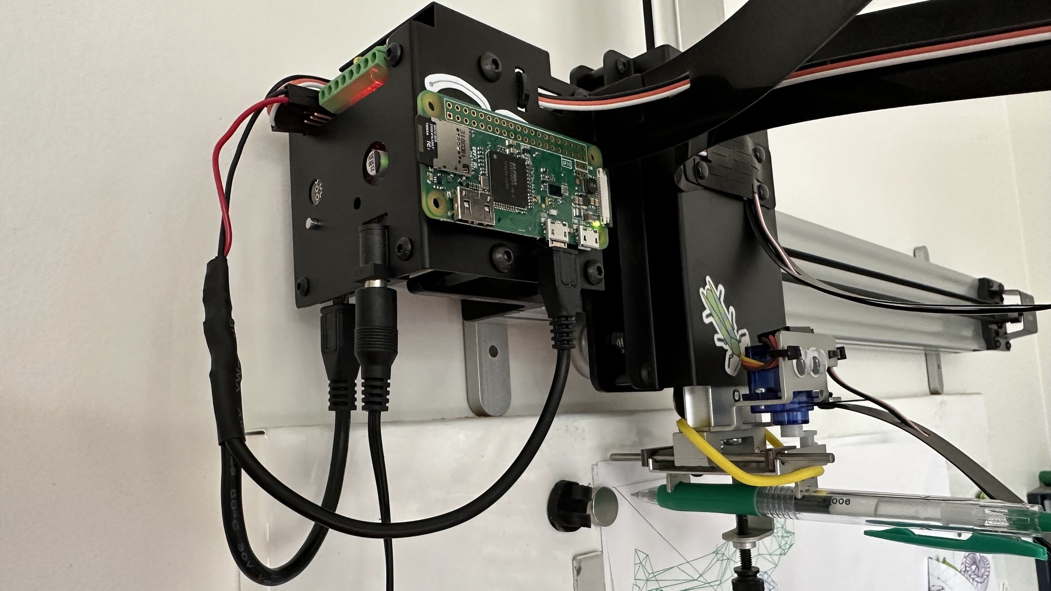 Pi Zero on an AxiDraw with a Y-shaped USB cable