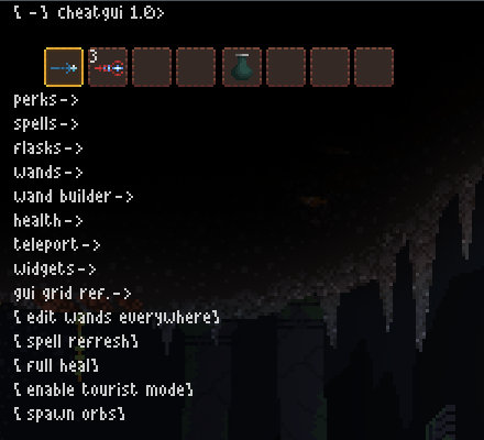 Screenshot of the cheat menu as it appears in Noita