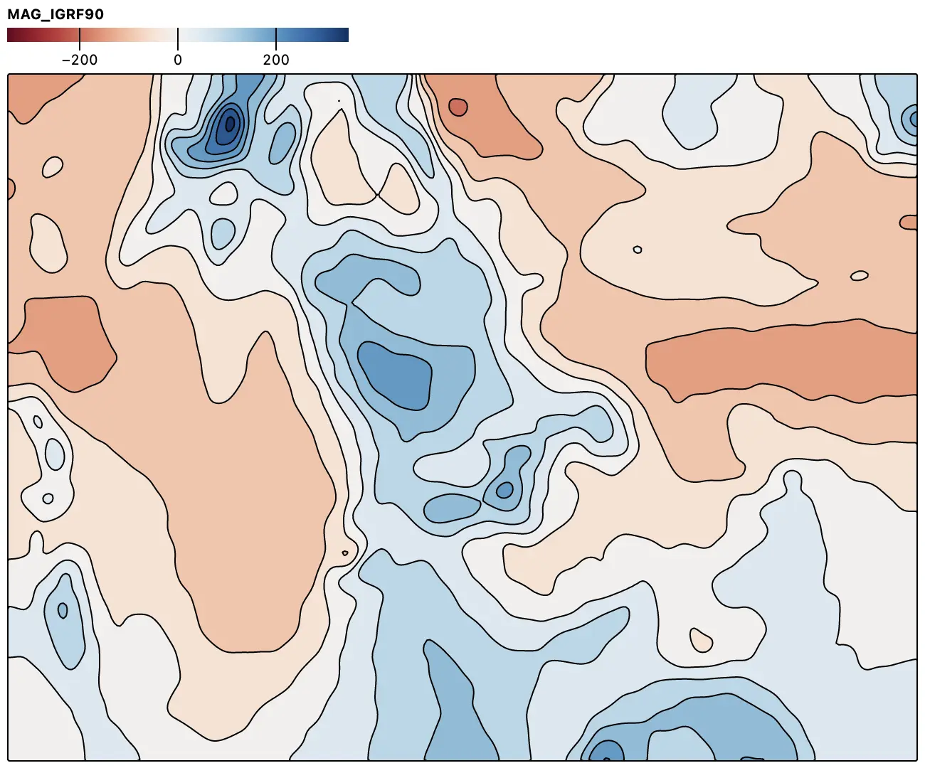 A map showing the varying intensity of the magnetic field as periodically observed from an airplane flying in an approximate grid pattern