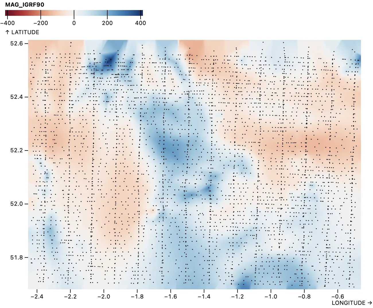 A map showing the varying intensity of the magnetic field as periodically observed from an airplane flying in an approximate grid pattern