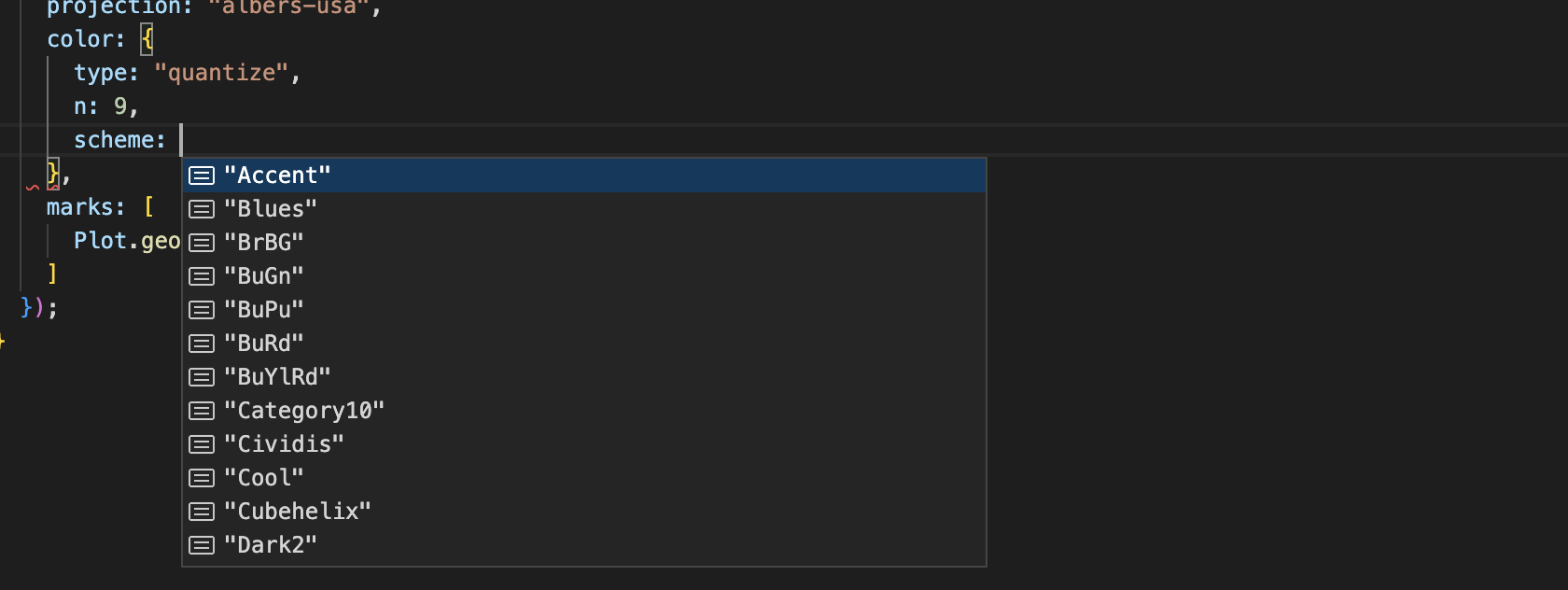 A screenshot of VS Code, showing suggested completions for the color scale scheme option. An open menu lists color schemes, including Accent, Blues, BrBG, BuGn, and more.