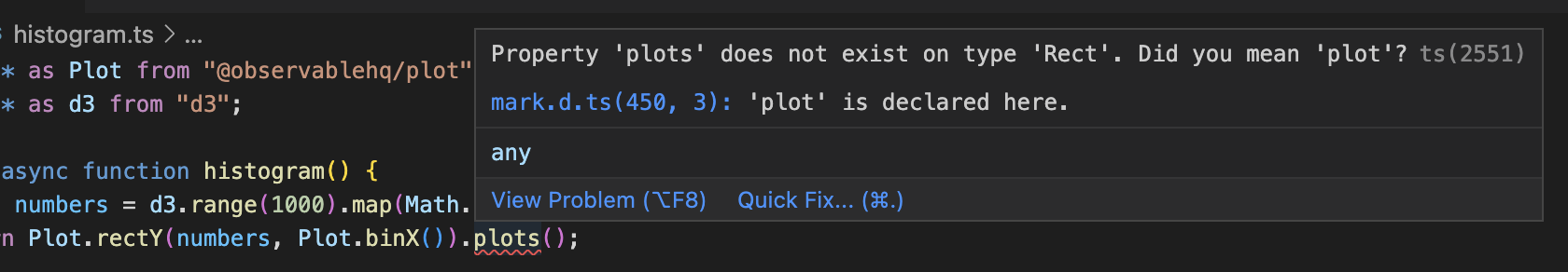 A screenshot of VS Code, showing a red squiggly underline under a typo in the code, which accidentally calls mark.plots. A panel suggests calling mark.plot instead.