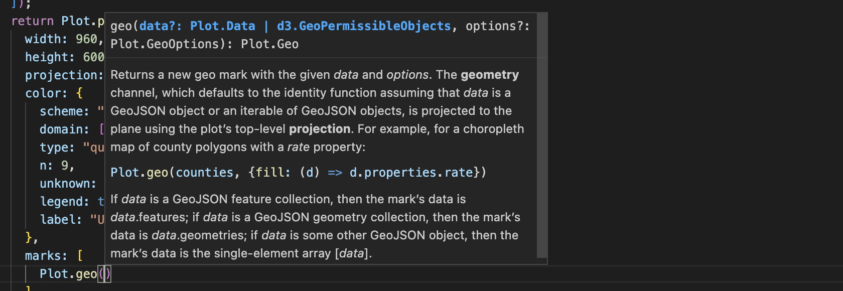 A screenshot of VS Code, showing documentation for calling Plot.geo, including the data and options arguments.