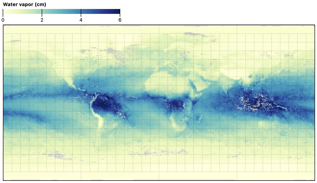 A map of global atmospheric water vapor, showing a higher concentration of water vapor near the equator