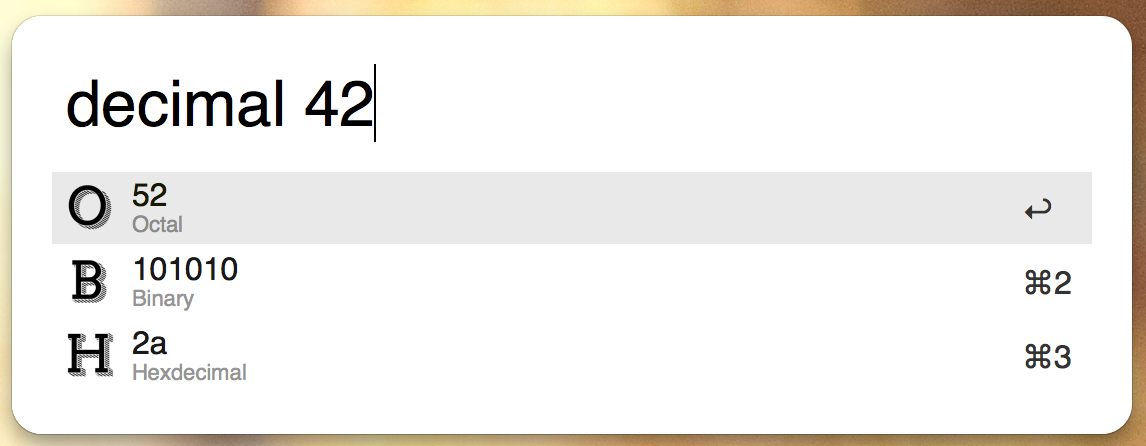 screenshot of Alfred converting the decimal number 42