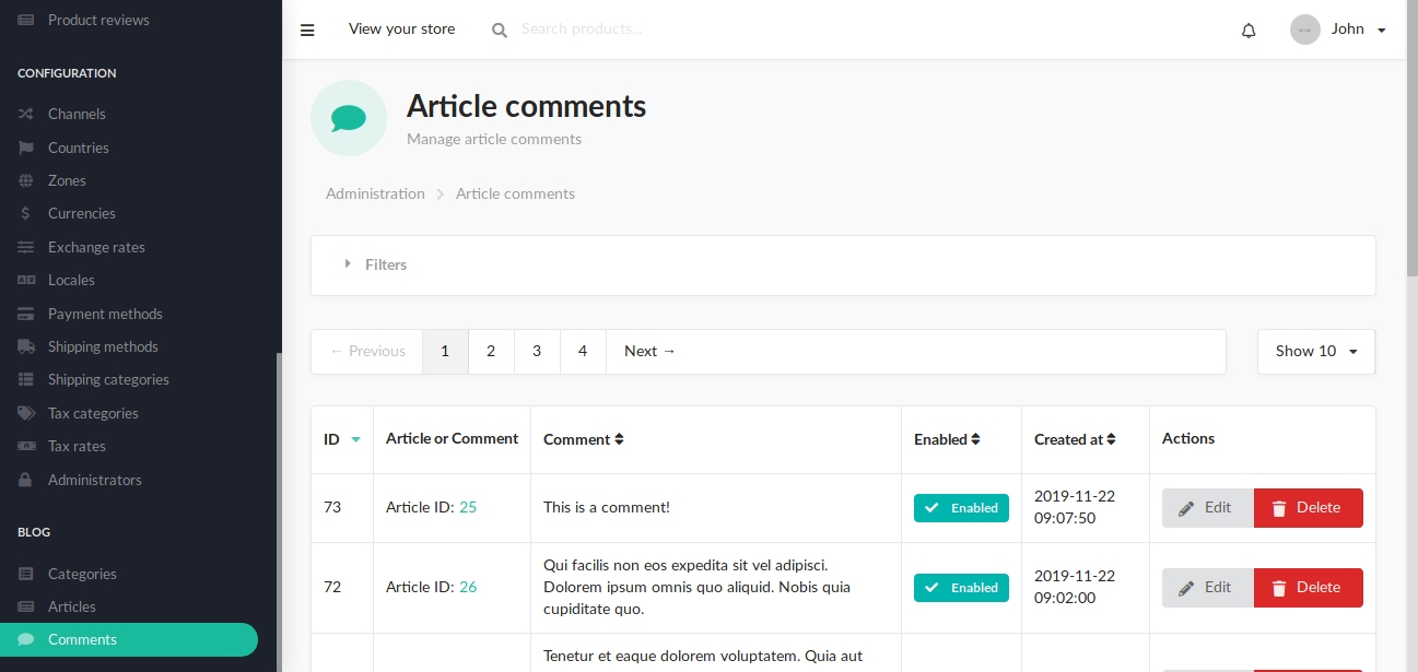 Blog admin article comments